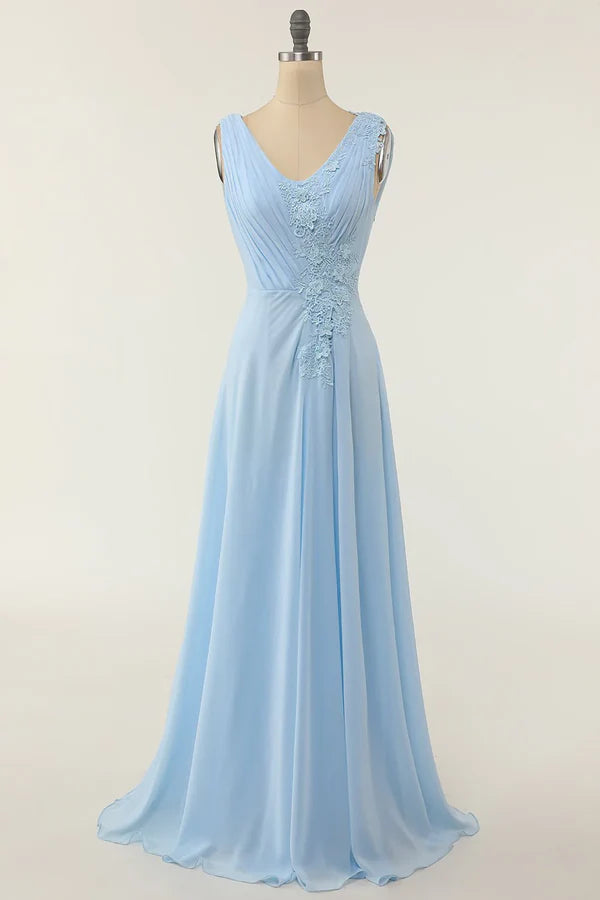 Luolandi V-neck ruffled bridesmaid dress Solid Color Floor Length Sky Blue